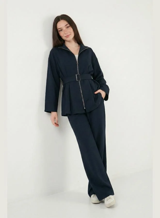 ليلا طقم نسائي ليلا بقصة عادية مع حزام وسحاب، أرجل واسعة، طقم